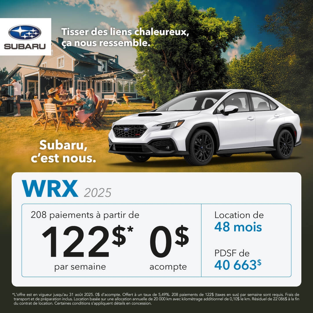 Promotion du mois pour la Subaru WRX chez Desjardins Subaru