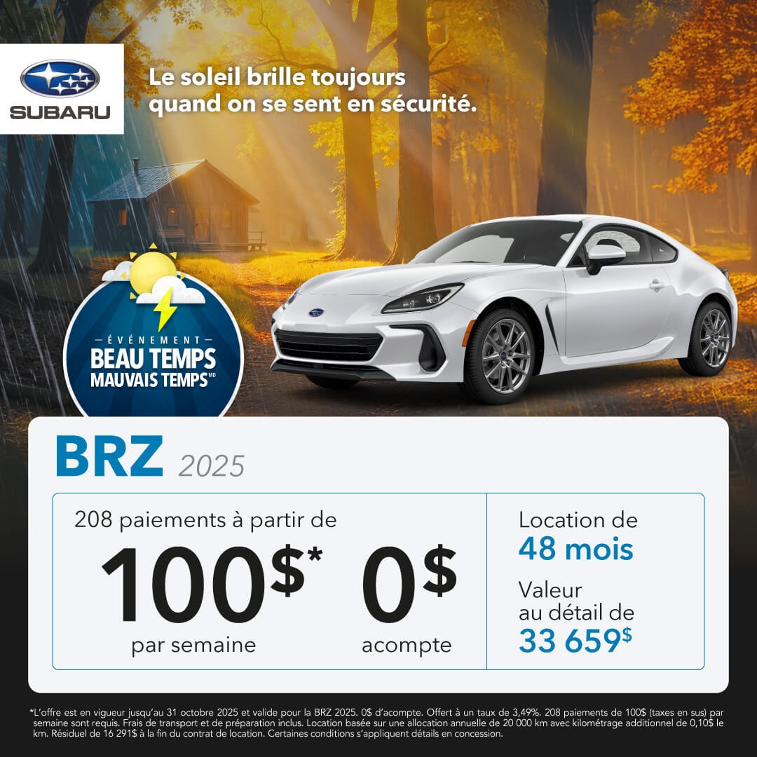 Promotion du mois pour la Subaru BRZ chez Desjardins Subaru