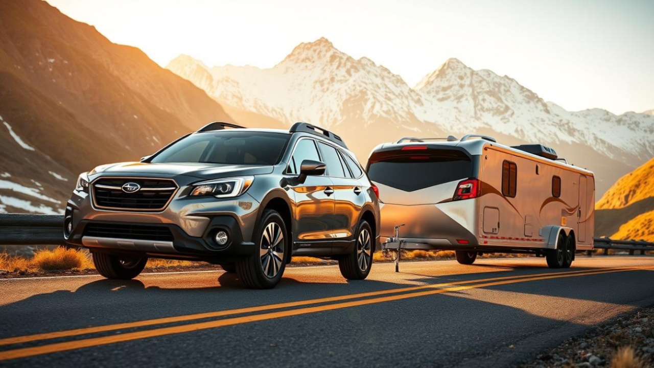 vue latérale avant d'un Subaru Outback 2025 remorquant une roulotte sur une route de montagne
