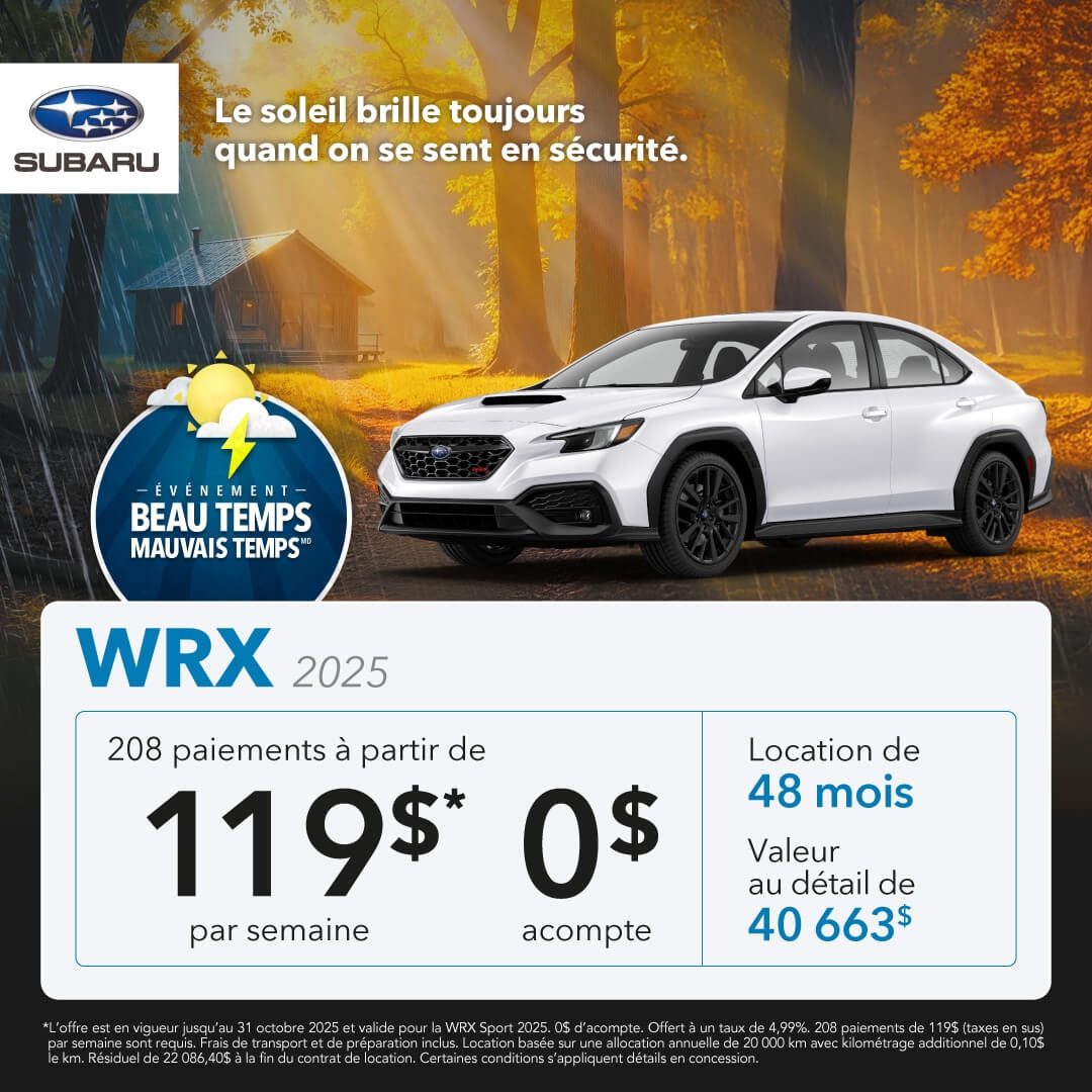 Promotion du mois pour la Subaru WRX chez Desjardins Subaru