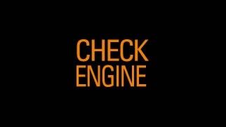 Icône orange du témoin d’alerte de vérification du moteur avec texte « CHECK ENGINE » sur fond noir.
